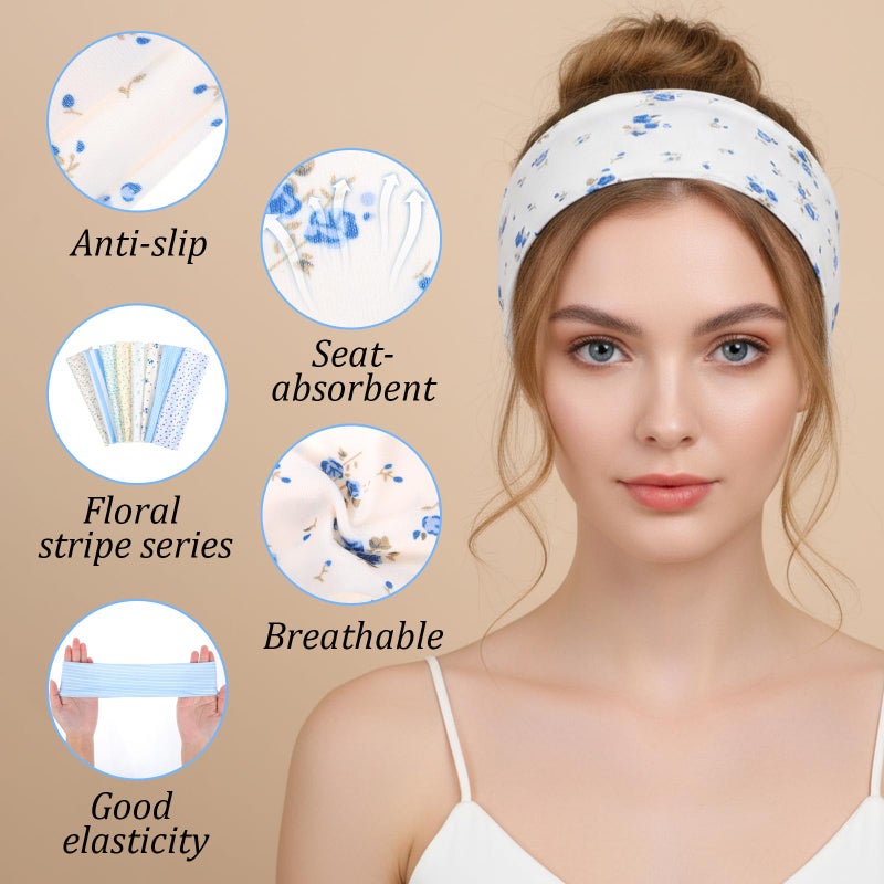 Tucnoeu 8pcs Floral Headbands for Women, Non Slip Elastic Floral Hairbands, Fashion Wide Headband, Soft Fabric Stripe Head Bands for Women Hair Accessories - Image 3